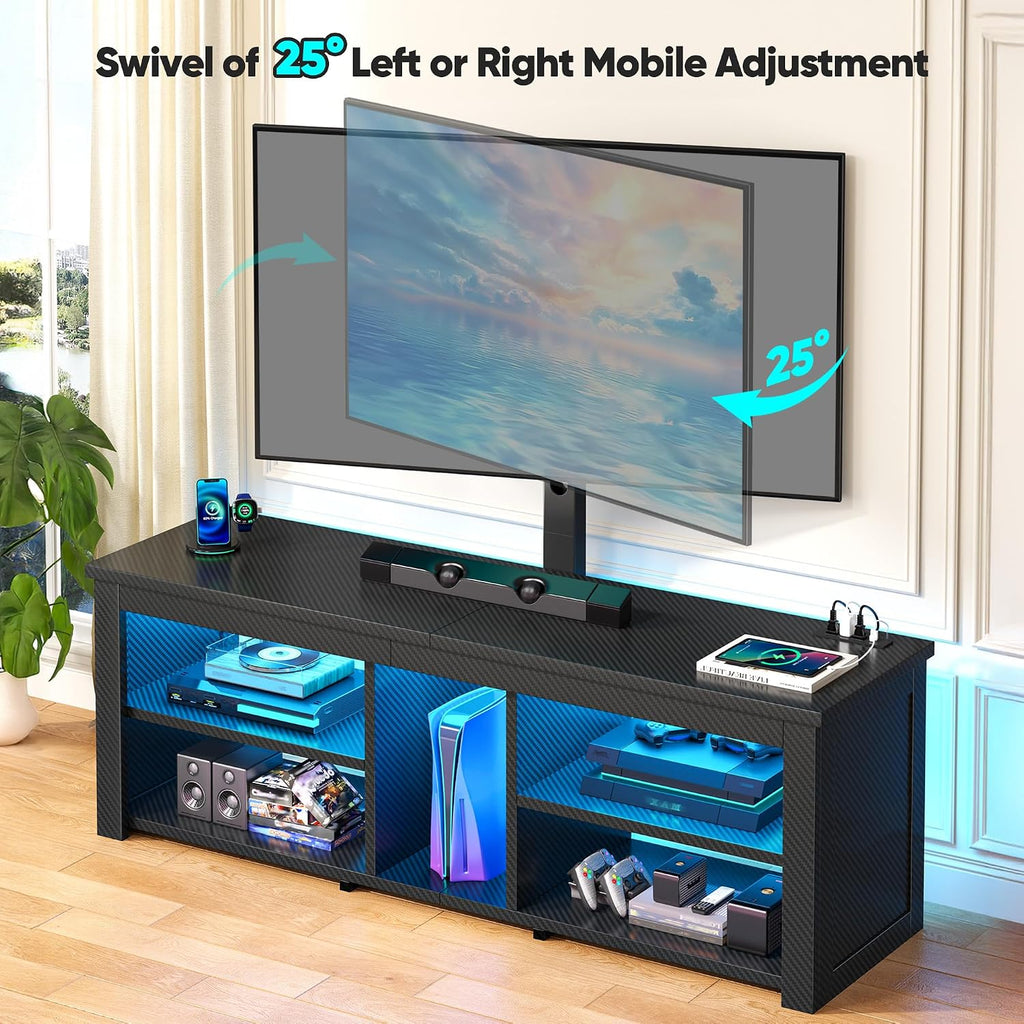 TV Stand with Mount for 55/65 Inch TVs,Wood TV Stands for Living Room with Power Outlet & LED Entertainment Center Gaming Console for Bedroom, Height Adjustable Swivel TV Mount, Carbon Fiber Black