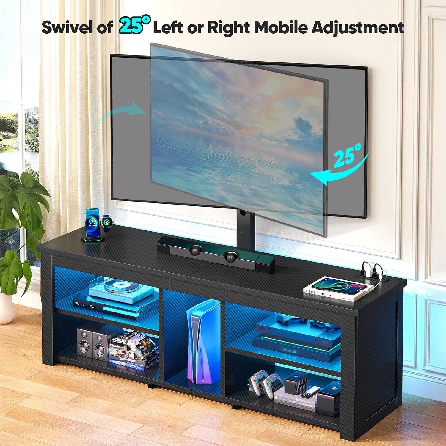 TV Stand with Mount for 55/65 Inch TVs,Wood TV Stands for Living Room with Power Outlet & LED Entertainment Center Gaming Console for Bedroom, Height Adjustable Swivel TV Mount, Carbon Fiber Black