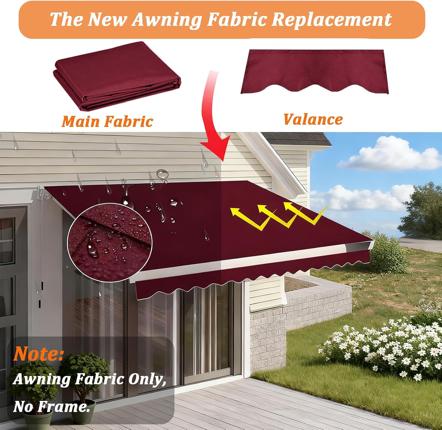 Patio Awning Replacement Fabric Outdoor Retractable Awning Cover Uv Protection Water Resistant Polyester Sun Shade Shelter Canopy for 8' 10' 11' 12' 13' 14' 15' 16' (Size:12x8ft,Color:Wine Red)