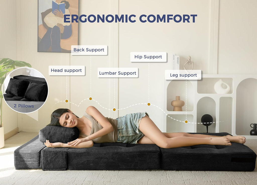 MAXYOYO Convertible Sofa Bed, Fold Out Sleeper Sofa with Pillow, 4 in 1 Tufted Folding Couch Bed Foam Floor Couch, Lazy Chair for Living Room Bedroom Guest Room, Black