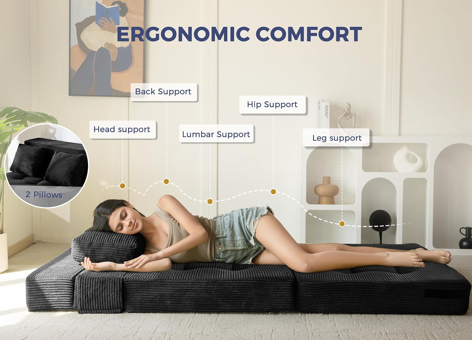 MAXYOYO Convertible Sofa Bed, Fold Out Sleeper Sofa with Pillow, 4 in 1 Tufted Folding Couch Bed Foam Floor Couch, Lazy Chair for Living Room Bedroom Guest Room, Black