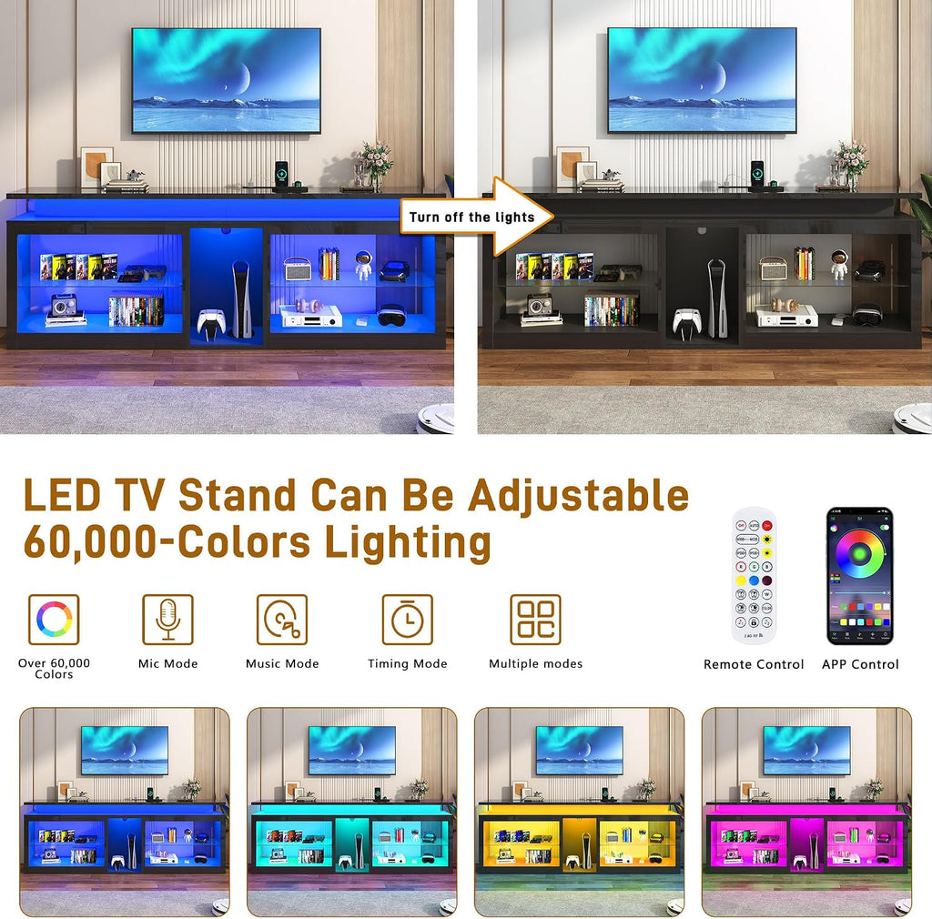 80' LED TV Stand with Power Outlet,60-Colors LED Lights For 80 85 90in TV,High Gloss Gaming Entertainment Center w/Adjustable Shelves,Black TV Console with Modern Design for Living Room Bedroom