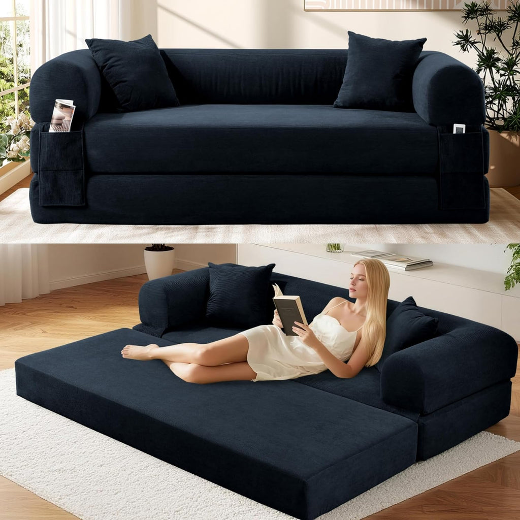 Convertible Futon Sofa Bed,80' Folding Pull Out Couch Bed with Storage,Queen Sleeper Sofa Bed,Compressed Couch in a Box,Corduroy Boneless Couches for Living Room,Deep Blue