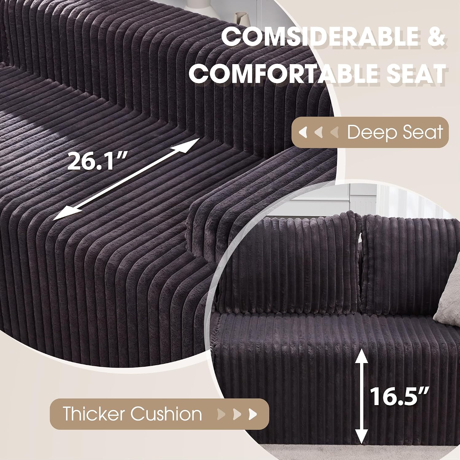 Modular Sectional Sofa Couches L-Shape Couch 3 Seat Modular Sofa Memory Foam Sectional Couches for Living Room, Cloud Couch with Oversized Chaise (Grey Stripe, 98' Right Facing Chaise)