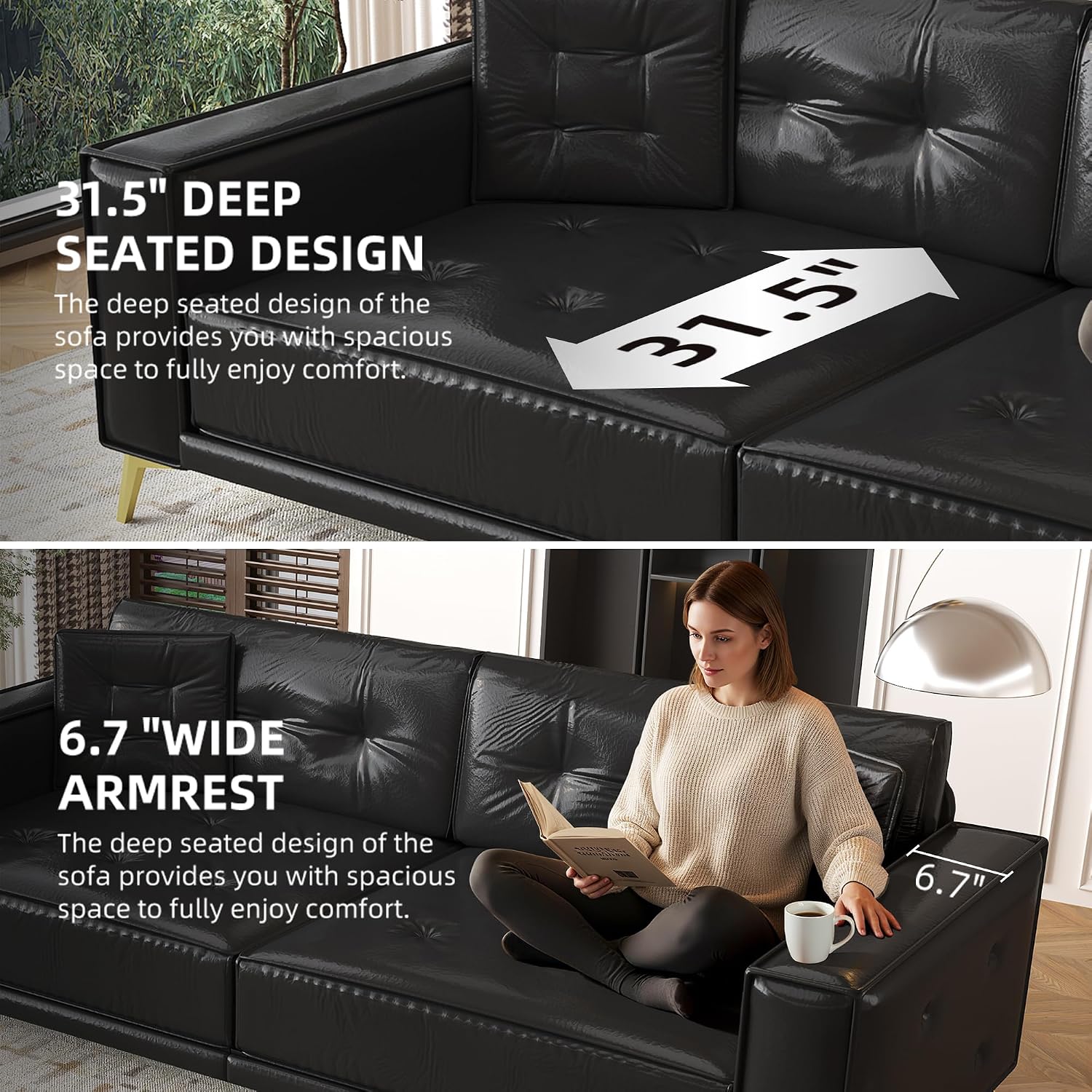 92.1'' King Pull out Sofa Bed, Convertible Futon Couch, 3-in-1 Faux Leather Sleeper Sofa with Tufted Back, 2 Pillows, Gold Legs, Deep Folding Loveseat Couches for Living Room, Apartment, Black