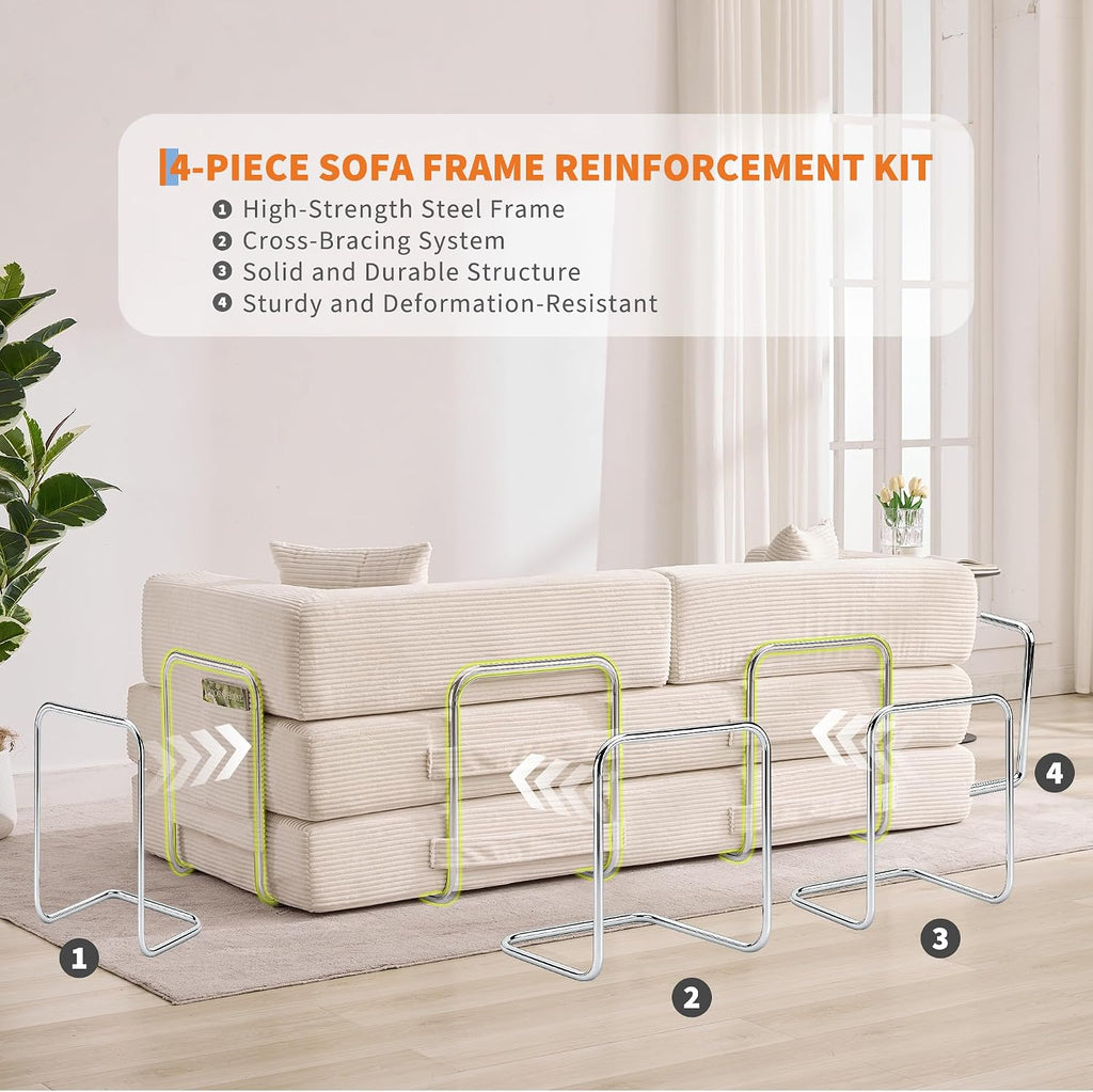 Garvee 5-in-1 Convertible Sofa Bed, 78.8' Modular Corduroy Sleeper with Sturdy Frame & No Assembly, Multi-Functional Futon for Small Space, Living Room & Guest Room (Green) (Beige)
