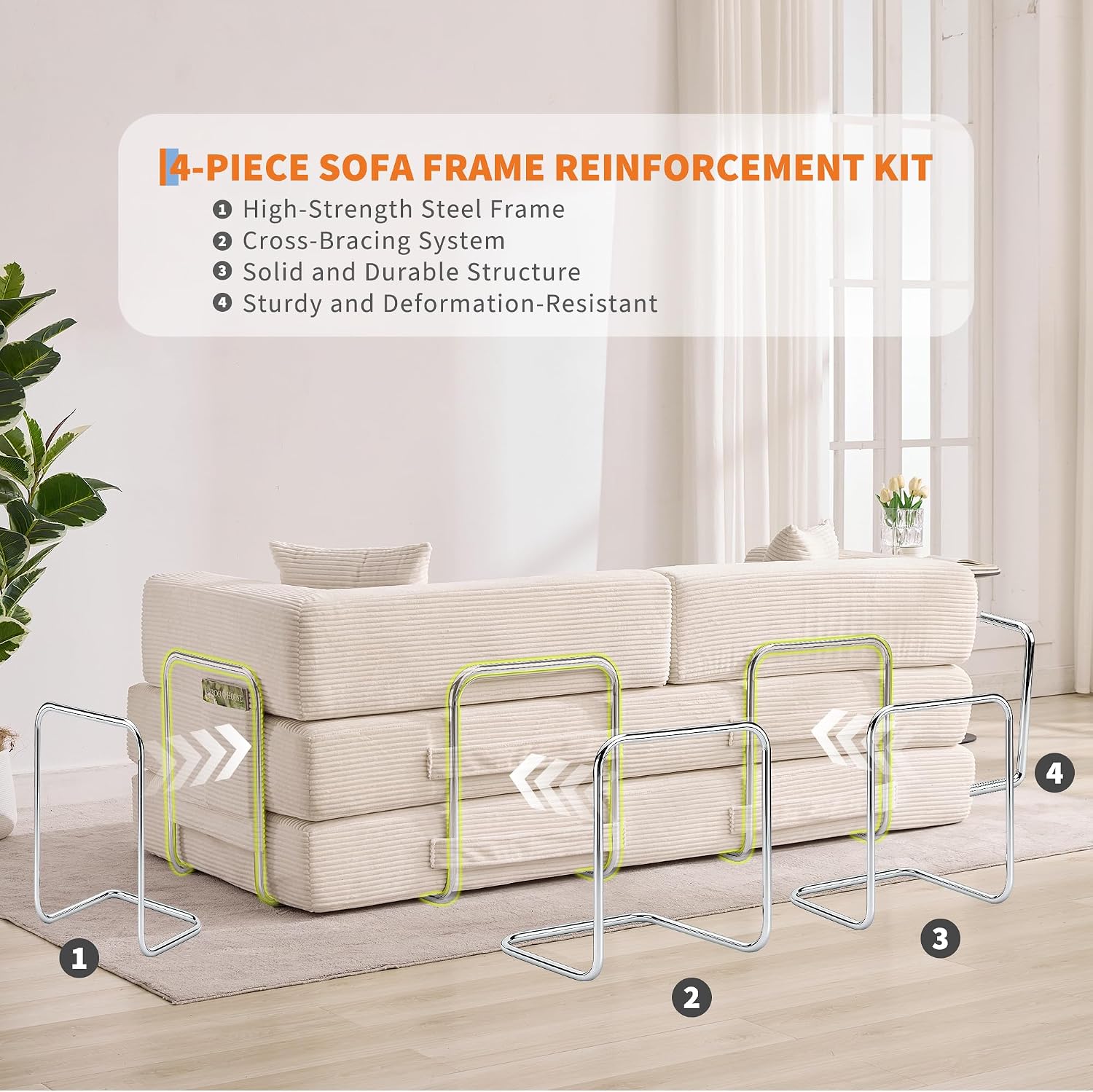 Garvee 5-in-1 Convertible Sofa Bed, 78.8' Modular Corduroy Sleeper with Sturdy Frame & No Assembly, Multi-Functional Futon for Small Space, Living Room & Guest Room (Green) (Beige)