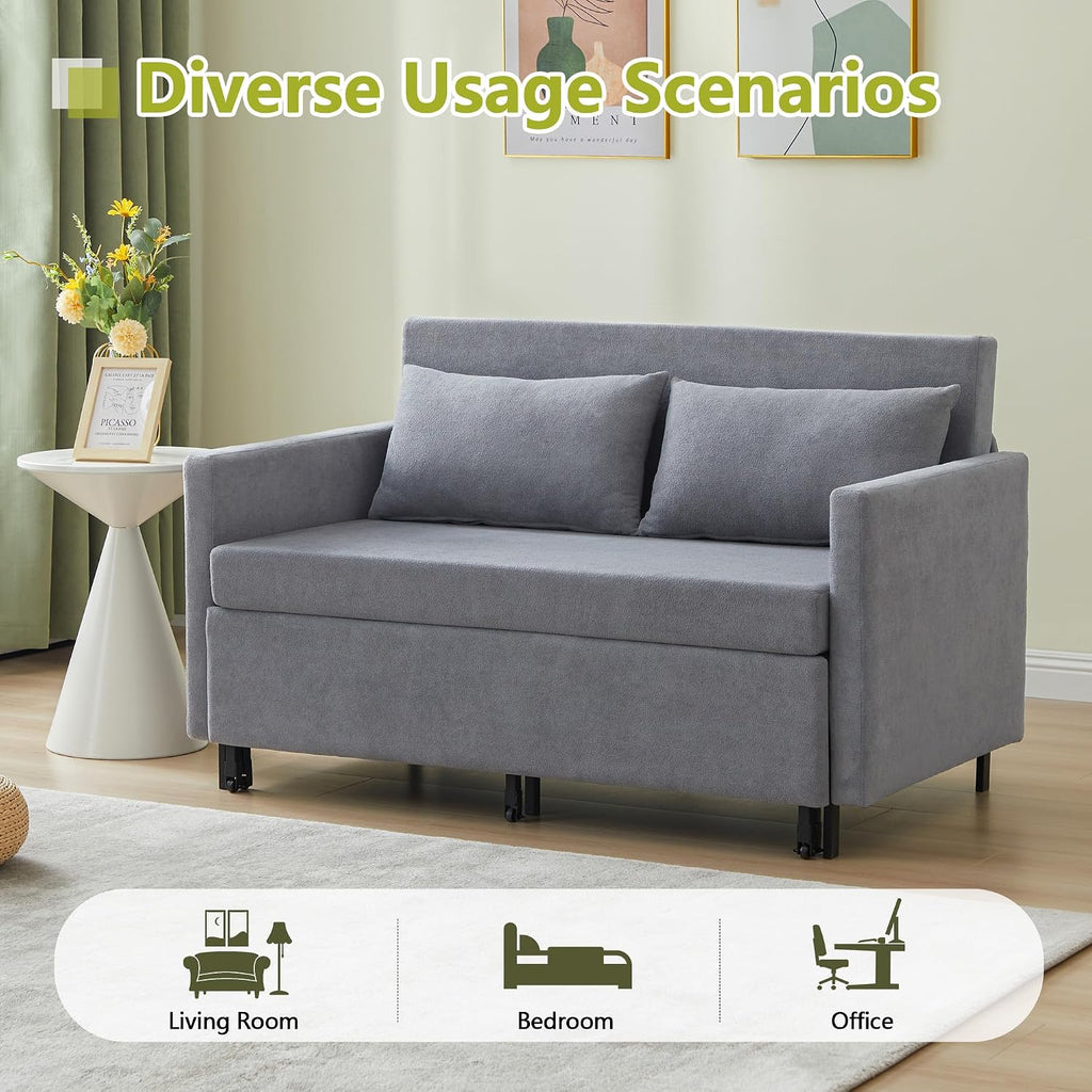 3-in-1 Sleeper Sofa Bed, 51'' Convertible Folding Couch with Pullout Bed, Chenille Futon Sleeper Sofa with Side Table and 2 Pillows, Modern Loveseat Couch for Living Room, Bedroom, Home Office (Grey)
