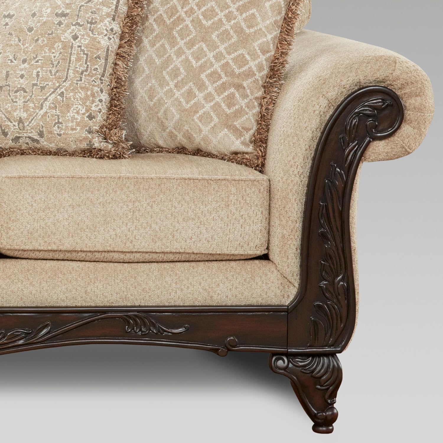 Hernen Carved Wood Frame Sofa, Beige Wheat