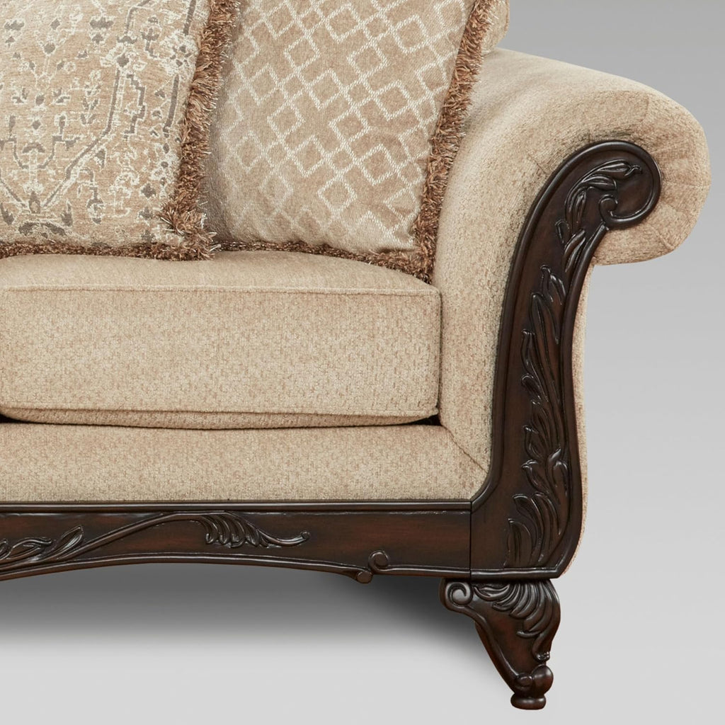 Hernen 2-Piece Living Room Set, Carved Wood Frame Sofa and Loveseat, Beige Wheat