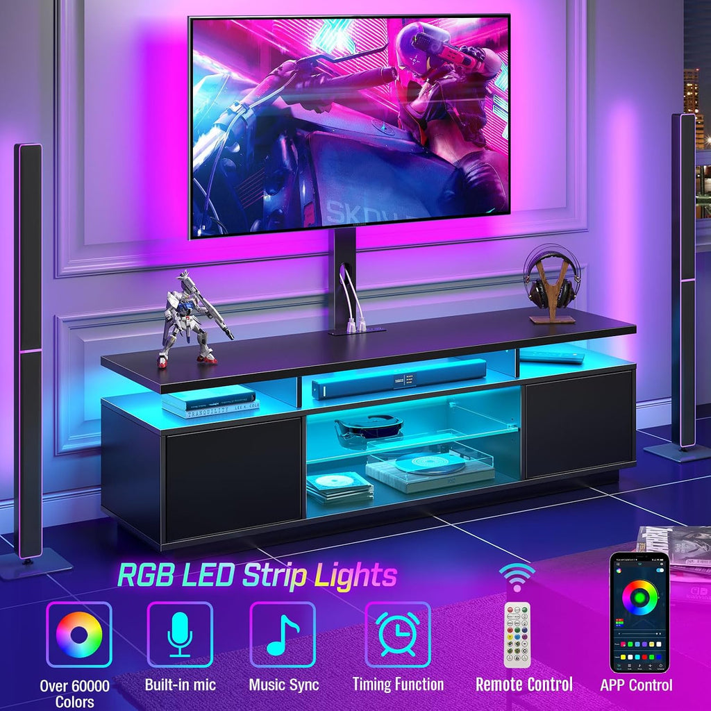 Rolanstar TV Stand with Mount and Power Outlet 59.1', Swivel TV Stand Mount for 32/45/55/60/65/70 inch TVs, Height Adjustable Modern Entertainment Center with Storage & LED Lights, Black TV Table
