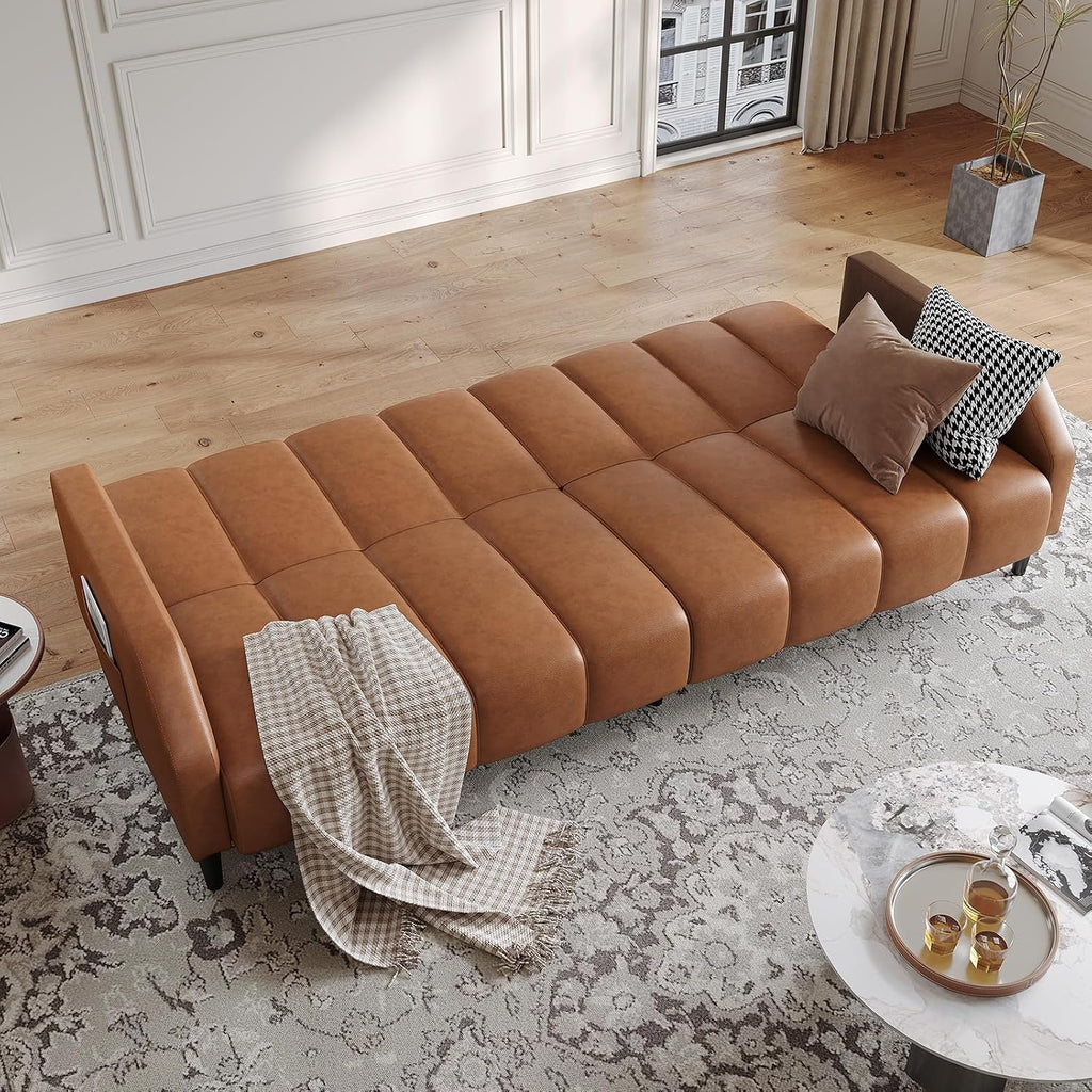 Fadware Faux Leather Couch, Convertible Futon Sofa Bed with Adjustable Backrest, Mid Century Leather Sofa Loveseat with Side Pockets& Metal Leg, Modern Leather Sleeper Sofa for Living Room Bedroom