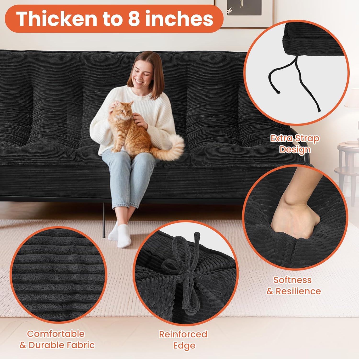 8' Futon Mattress Queen Size, Futons Sofa Bed Sleeper Couch Bed, Folding Mattress with Shredded Foam & 2 Straps, Futon Floor Mattress for Living Room & Guest Room, Corduroy (Frame Not Included)