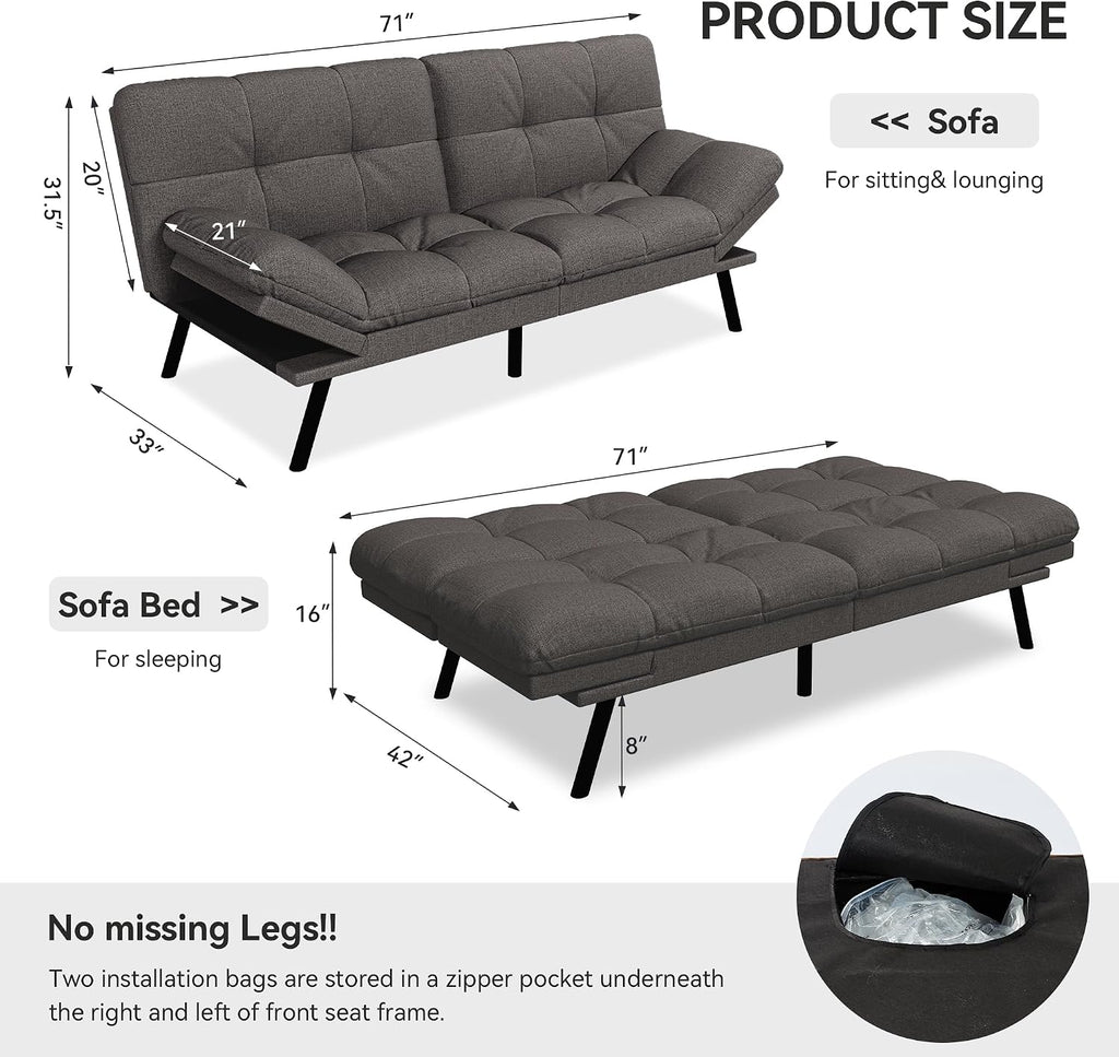 Vipbear 71' Convertible Futon Sofa Bed,Grey Linen Fabric Futon Couch with Detachable Cushion,Adjustable Backrest & Armrest,Modern Loveseat Sleeper Recliner for Living Room,Office,Apartment