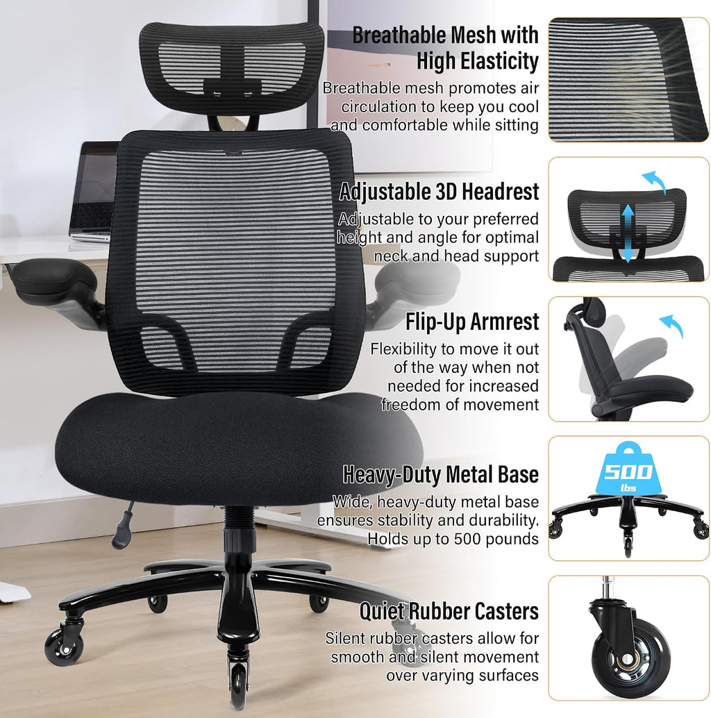 500lbs Big and Tall Office Chair - Heavy Duty Mesh Ergonomic Desk Chair with Headrest, High Back Computer Chair - Flip-up Armrests, Wide Thick Seat Cushion, Quiet Wheels, Black