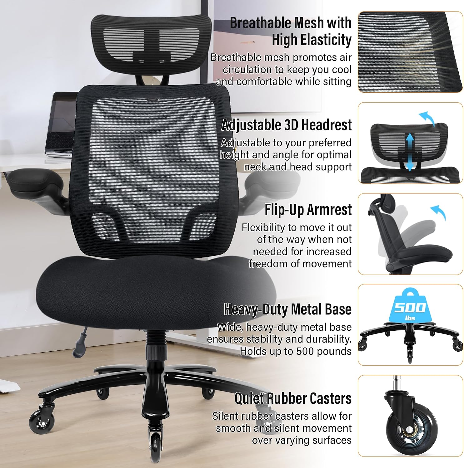 500lbs Big and Tall Office Chair - Heavy Duty Mesh Ergonomic Desk Chair with Headrest, High Back Computer Chair - Flip-up Armrests, Wide Thick Seat Cushion, Quiet Wheels, Black
