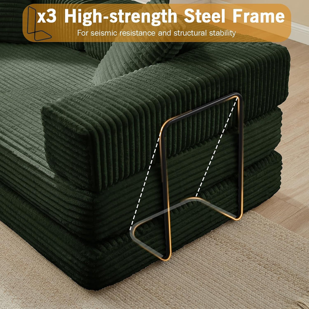 81'' Futon Sofa Bed, Folding Floor Couch Bed, Corduroy Fabric Boneless Couch, Compressed Boneless Sofa in a Box, Comfy Sleeper for Living Room-Green