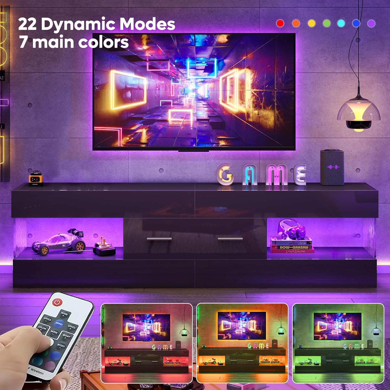 Bestier Black TV Stand for 55/60/65 Inch TV, High Gloss Modern TV Stand with Stone-Patterned Side Panels, LED Entertainment Center with Large Drawer, TV Consoles for Living Room, Bedroom