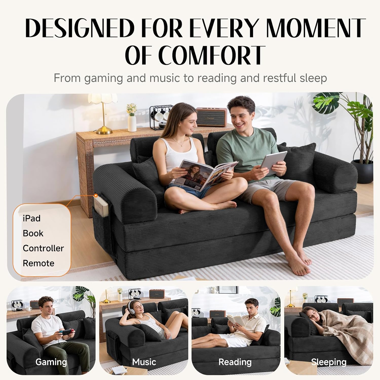 79' Corduroy Sofa Bed Sleeper Couch, 6-in-1 Convertible Boneless Floor Futon Loveseat, High-Density Foam Couch in a Box with 2 Headrest Pillows, No Assembly, Black