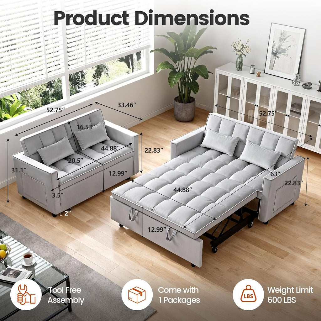 Convertible Sleeper Sofa Bed, Loveseat Sleeper Sofa with Large Side Pockets, Pull Out Sofa Bed with 3 Position Adjustable Backrest, 3 in 1 Velvet Couch Bed for Small Spaces, Apartment, Gray