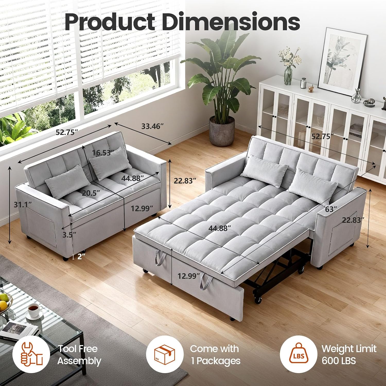 Convertible Sleeper Sofa Bed, Loveseat Sleeper Sofa with Large Side Pockets, Pull Out Sofa Bed with 3 Position Adjustable Backrest, 3 in 1 Velvet Couch Bed for Small Spaces, Apartment, Gray