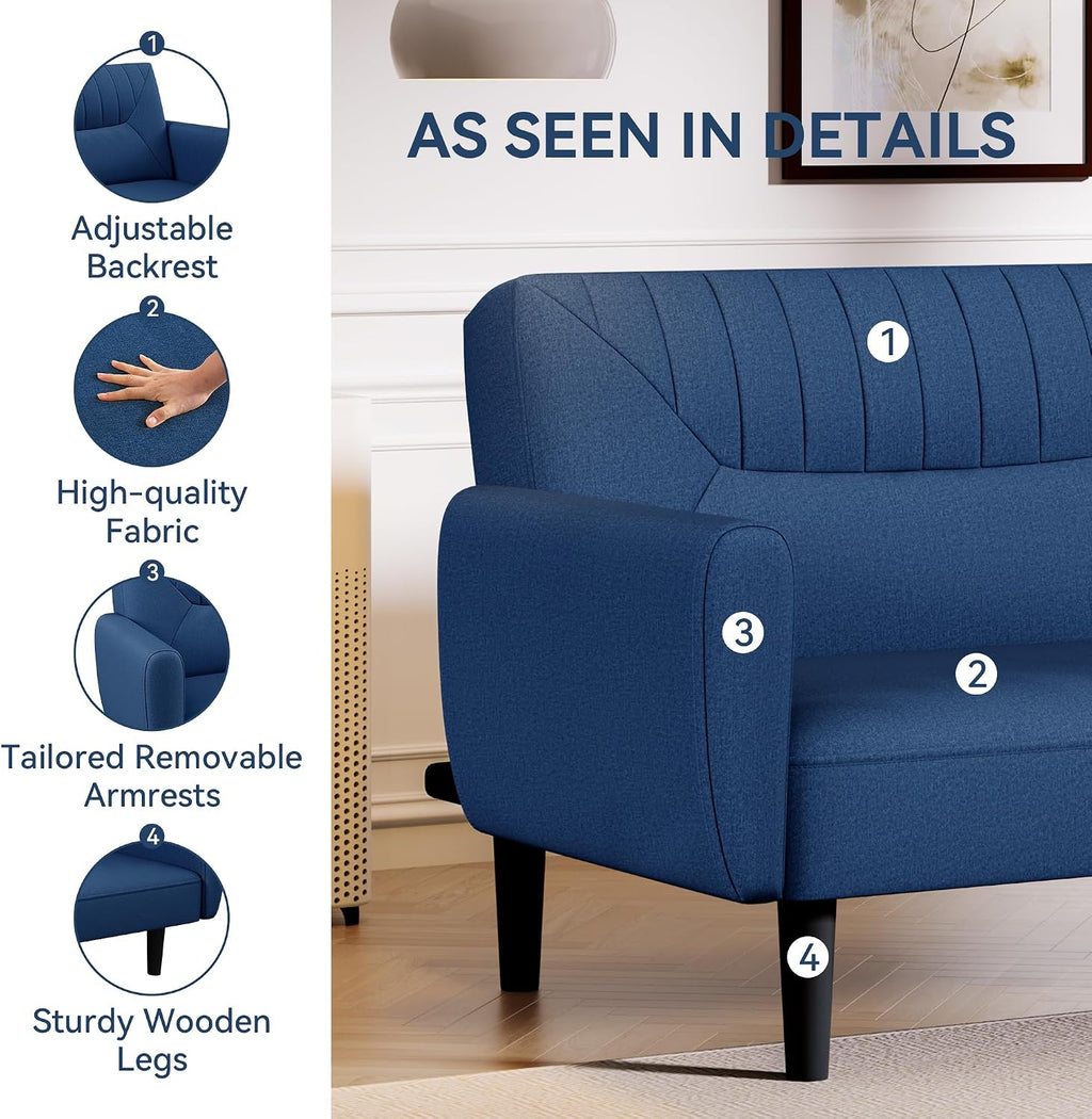Futon Sofa Bed,75.8' Linen Fabric Comfy Futon Couch Bed,3 Seater Convertible Sleeper Sofa with Adjustable Backrests,Modern Folding Loveseat for Living Room,Office,Apartment,Bedroom,Blue