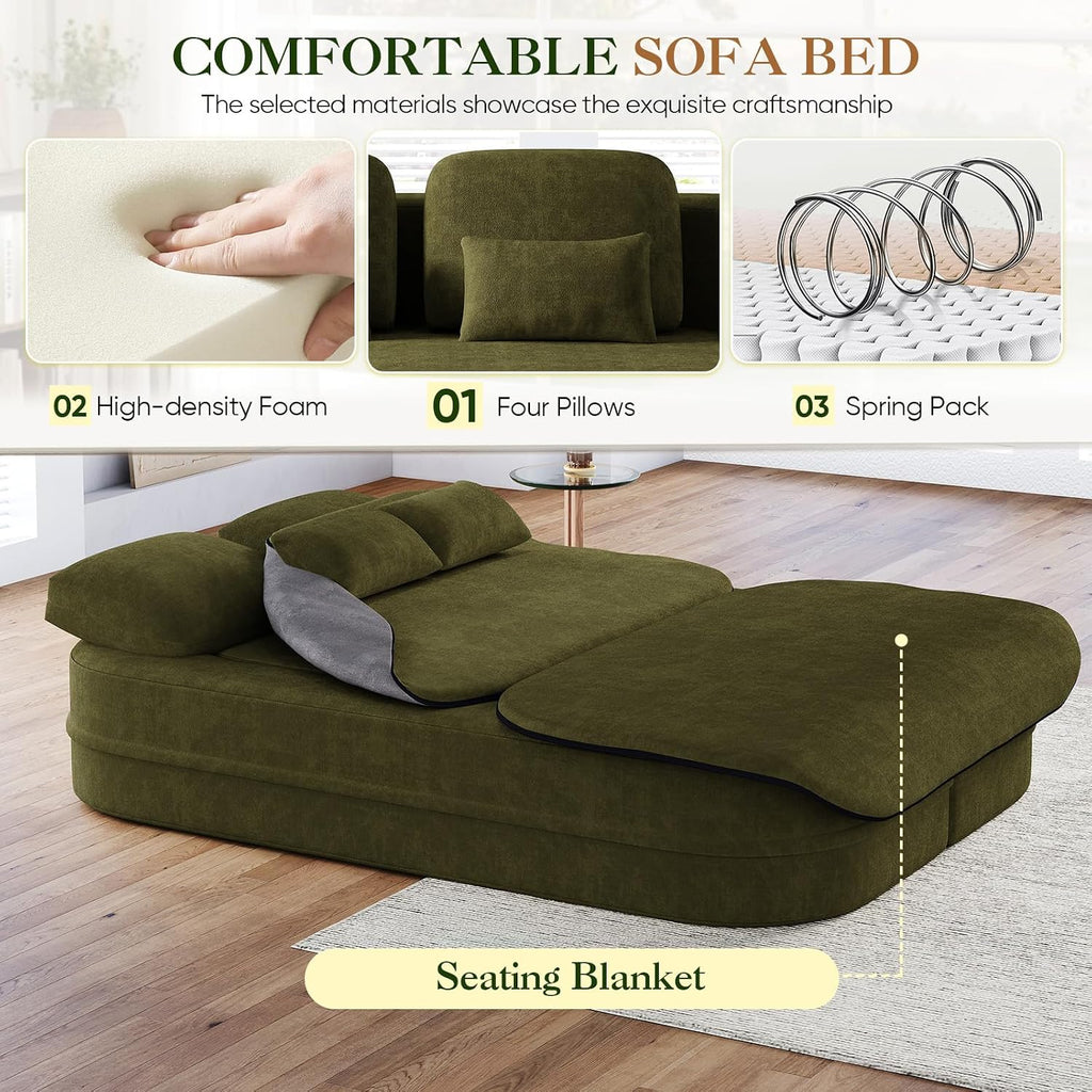 Antetek Convertible Sleeper Sofa, Modern Folding Futon Chenille Floor Foam Compression Loveseat Sofa Bed Couch, Foldable Full Size Guest Bed with 4 Pillows for Living Room Bedroom Apartment, Green
