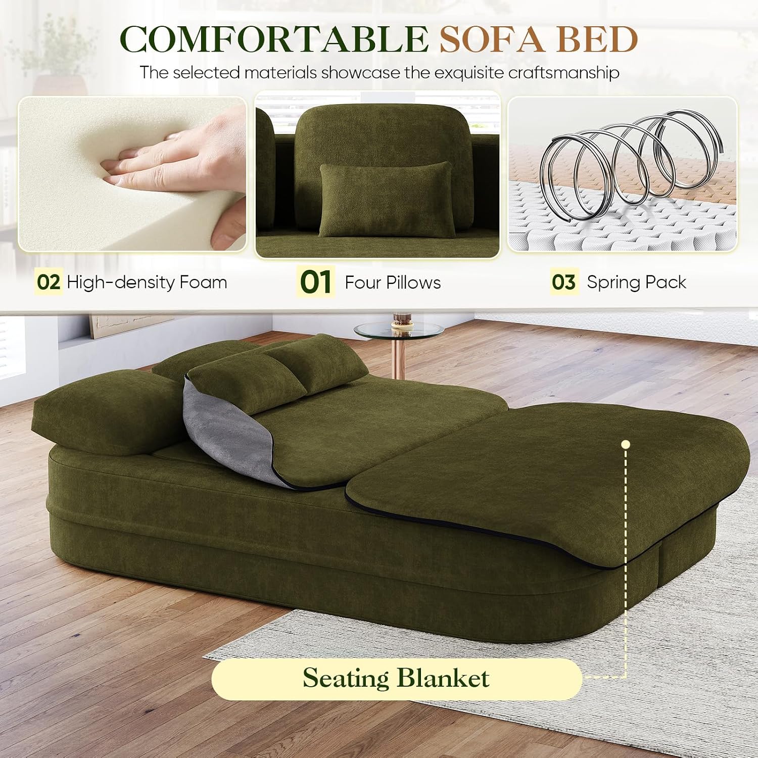 Antetek Convertible Sleeper Sofa, Modern Folding Futon Chenille Floor Foam Compression Loveseat Sofa Bed Couch, Foldable Full Size Guest Bed with 4 Pillows for Living Room Bedroom Apartment, Green