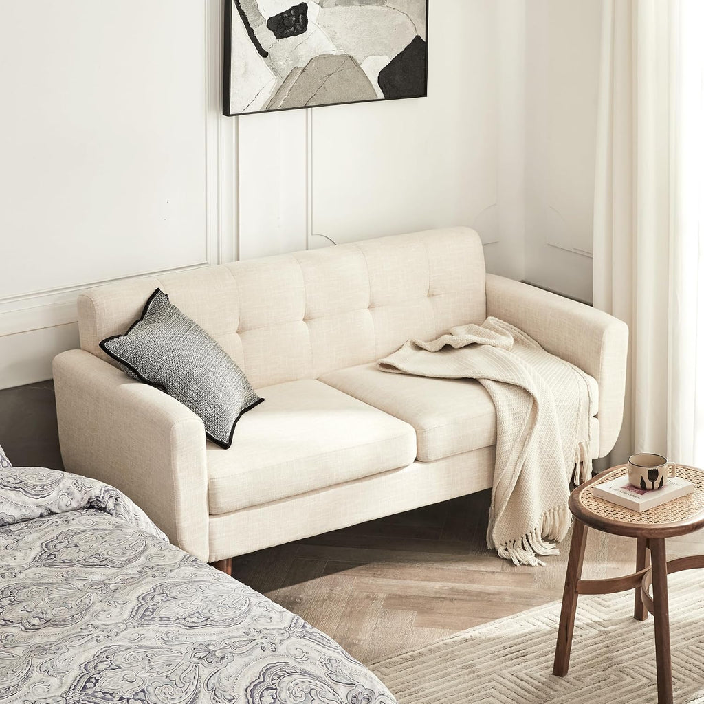 Tbfit 65' W Loveseat Sofa, Mid Century Modern Decor Love Seat Couches for Living Room, Button Tufted Upholstered Small Couch for Bedroom, Solid and Easy to Install Love Seats Furniture, Beige