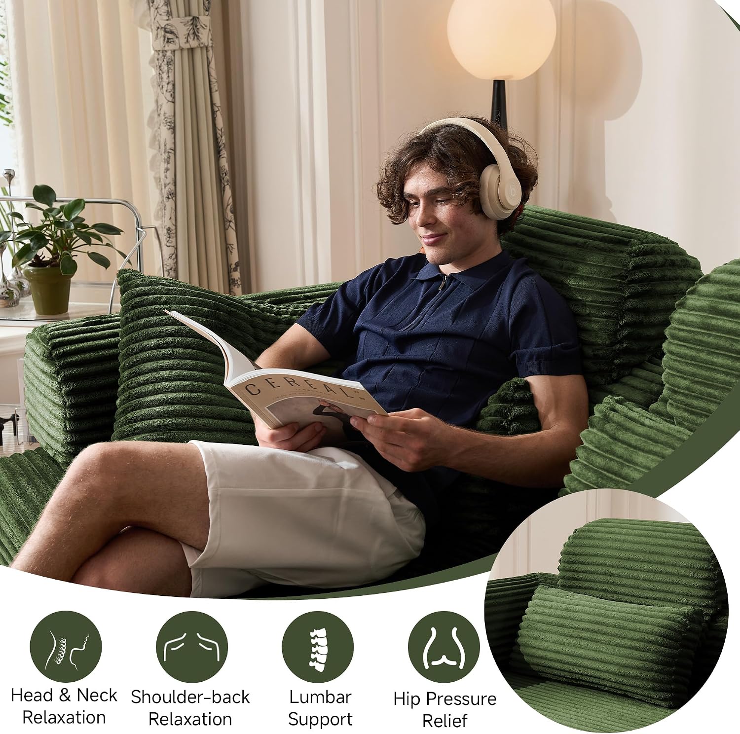 79' Sofa Bed, Deep Seat 32' Sleeper Sofa, 5-in-1 Convertible Sofa Bed, Boneless Couch in a Box, Corduroy Floor Futon with Thickened backrest and Headrest Pillows, Side Pockets, Dark Green