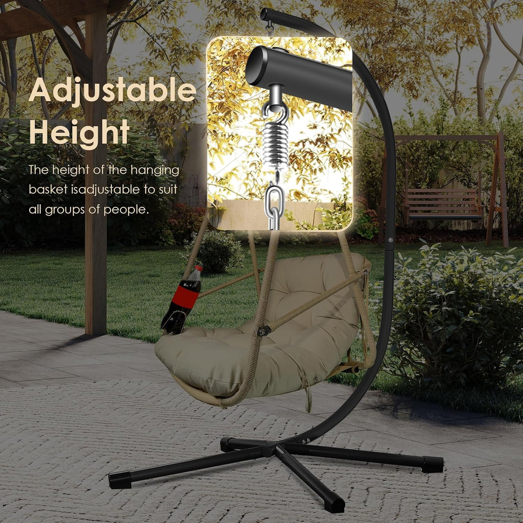 JESE Swing Egg Chair with Stand Foldable Frame Hanging Chairs for Indoor Outside,with UV Resistant Waterproof Cushion and Cup Holder,Swing Hammock Chairs for Patio,Bedroom,Balcony, Garden-350lbs Khaki