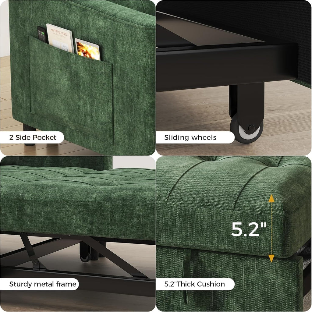 KKL 3 in 1 Convertible Small Sleeper Sofa Bed, Pull Out Couch Bed with Adjustable Backrest, Chenille Loveseat Pullout Couches with Side Pocket for Living Room, Bedroom,Green