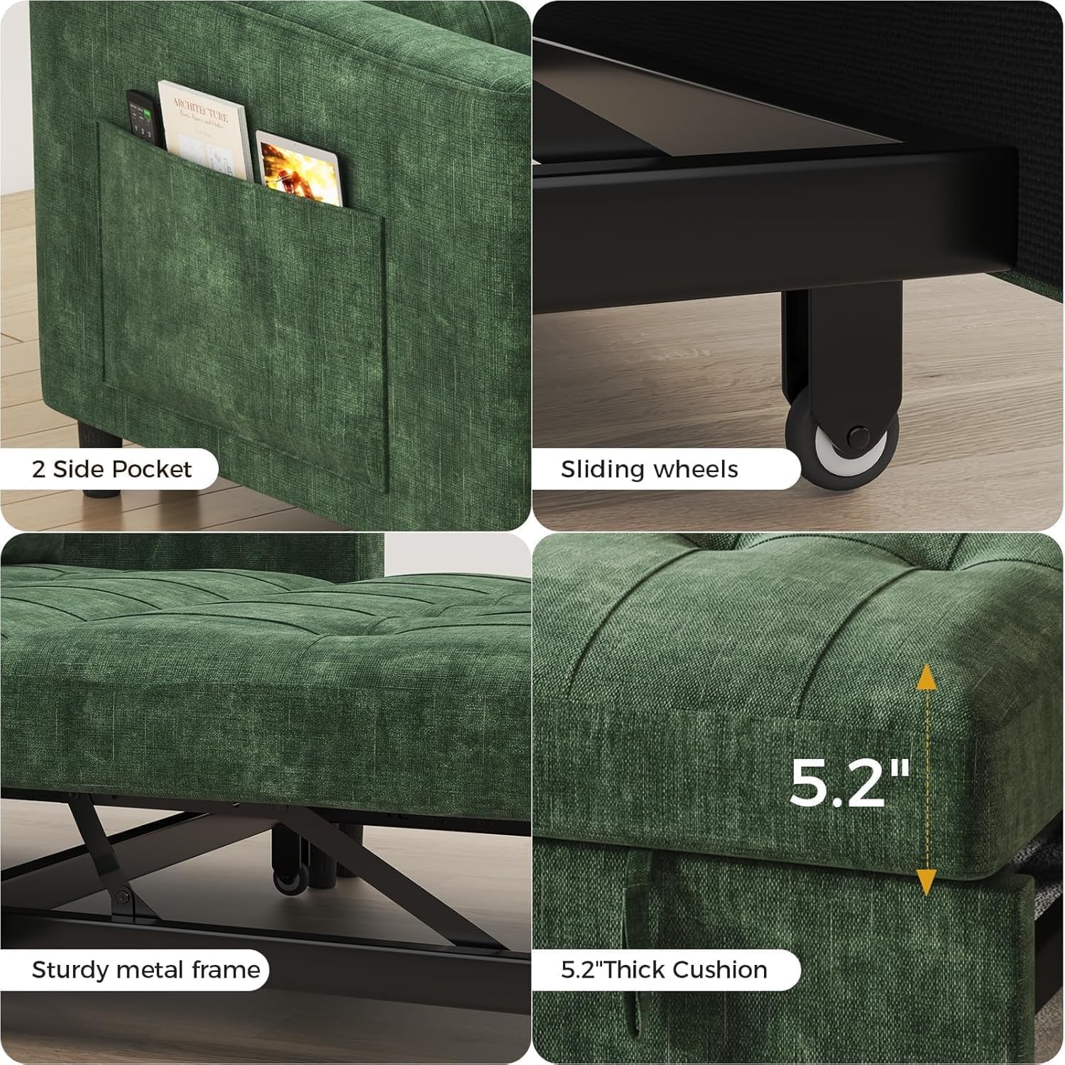 KKL 3 in 1 Convertible Small Sleeper Sofa Bed, Pull Out Couch Bed with Adjustable Backrest, Chenille Loveseat Pullout Couches with Side Pocket for Living Room, Bedroom,Green