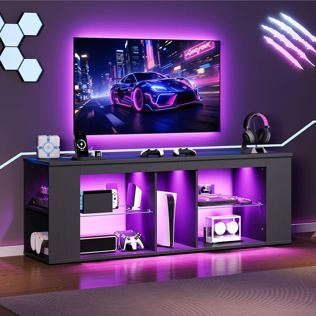 CHOEZON 55' TV Stand for up to 65' TVs with RGB LED Lights, Built-in Power Outlet, Adjustable Glass Shelves & Open Storage, Modern Media Console for Living Room & Game Room, Black MDS05UDBB
