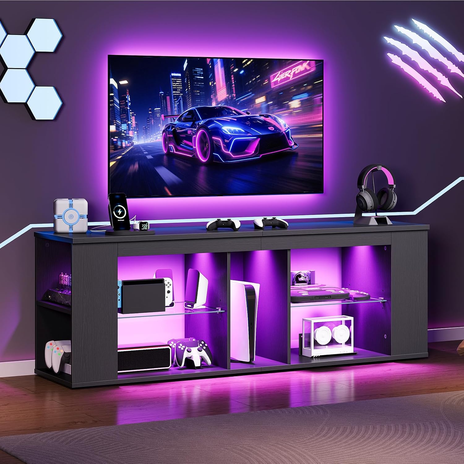 CHOEZON 55' TV Stand for up to 65' TVs with RGB LED Lights, Built-in Power Outlet, Adjustable Glass Shelves & Open Storage, Modern Media Console for Living Room & Game Room, Black MDS05UDBB