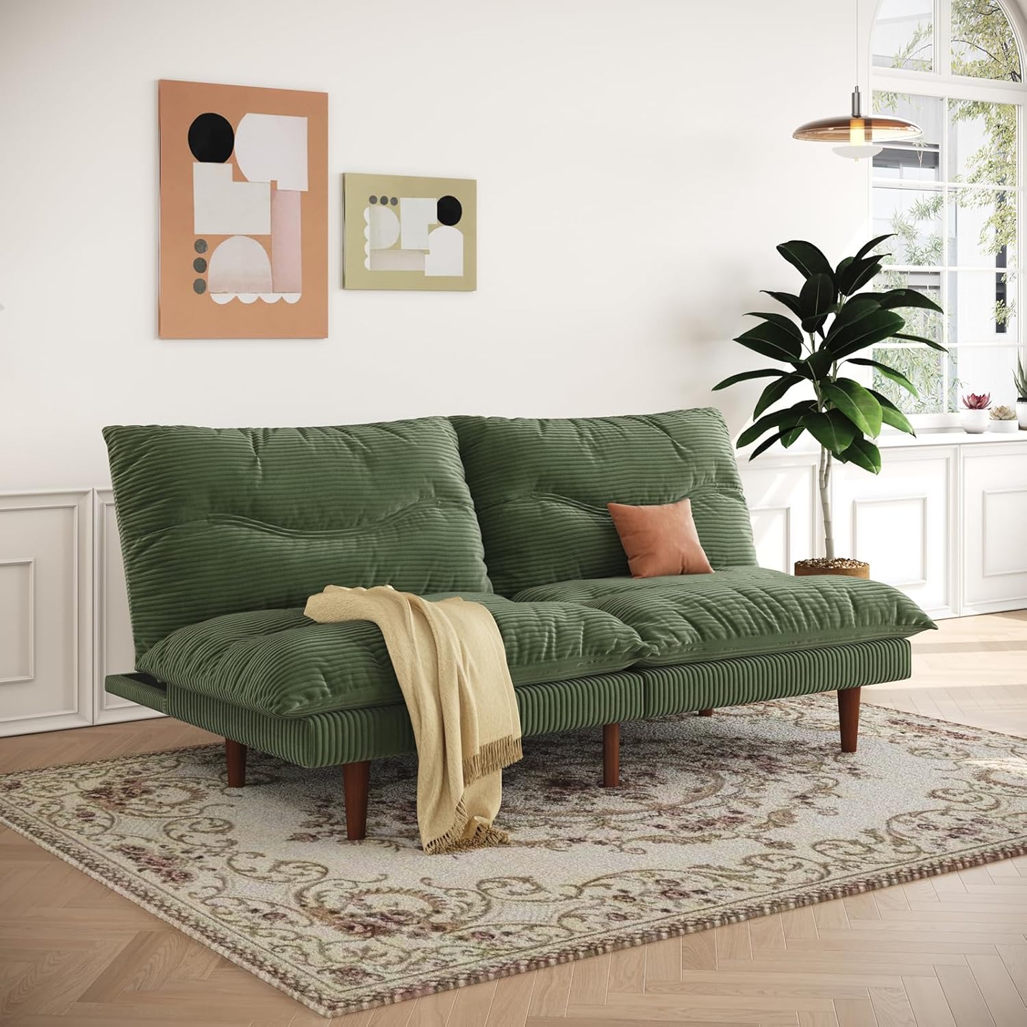 LLappuil Futon Sofa Bed, 69 inch Futon Couch with Adjustable Backrest, Corduroy Convertible Sleeper Sofa Bed, Folding Sleeper Recliner, Loveseat for Apartment, Living Room, Office (Green)