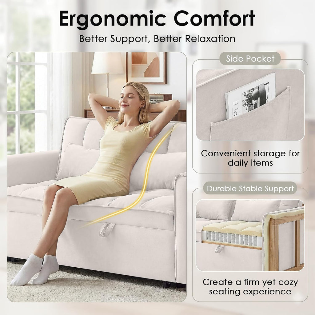 3 in 1 Convertible Sleeper Sofa Bed, 55' Pull Out Couches, Modern Loveseat Sleeper Sofa with Adjustable Reclining Backrest & Side Pockets for Living Room, Velvet Fabric, Beige