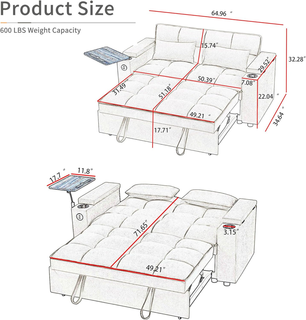 hansones 66' Multi-Functional Pull-Out Sofa Bed with Hidden Side Table, Storage Armrests, Built-in Charging Port, Spring Mattress, Solid Wood Frame – Ideal for Small Spaces, Easy Assembly