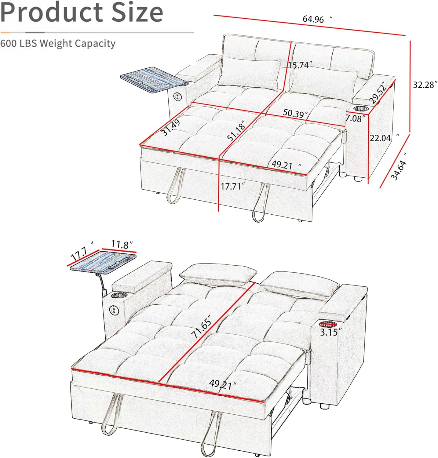 65' Cloud Couch Sleeper Sofa Bed with USB Charging Port & Side Pocket, Chenille Fabric Pull-Out Sofa with Thick Cushions, High Resilience Foam & Pillows for Living Room, Apartment, Small Spaces