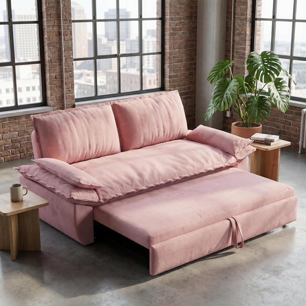 73.2' Sofa Bed Queen, 3-in-1 Pull Out Sofa Bed with Pillow Armrest, Modern Velvet Convertible Sleeper Futon Sofa for Living Room Small Space, Apartment, Bedroom, Pink
