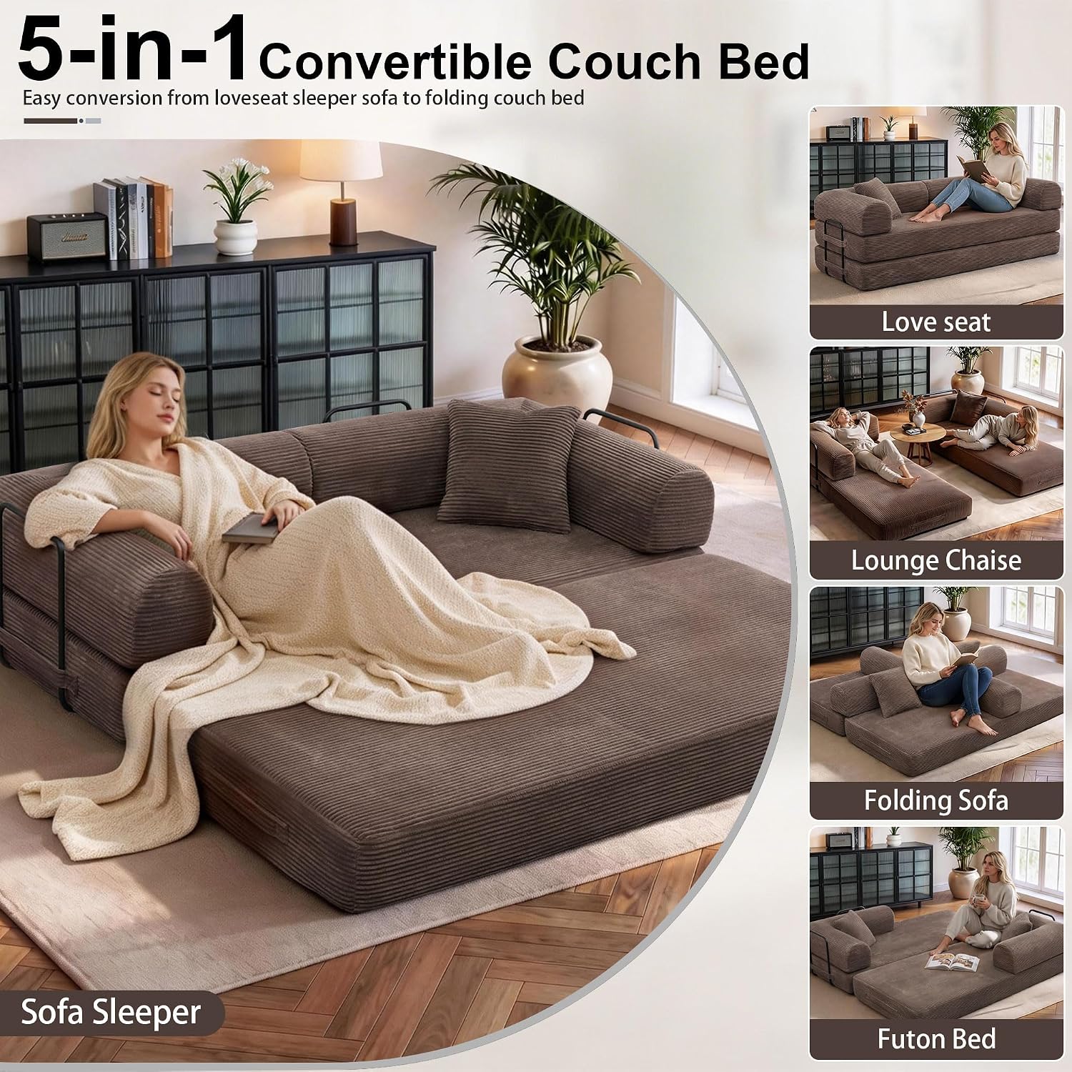 JJJ 78 inch Sofa Bed 4-in-1 Boneless Convertible Corduroy Sleeper Folding Couch with Fixed-Shape Frame and 2 Futons No Assemble Required 3 Seater Upholstered for Living Room (Brown, 78 inch)