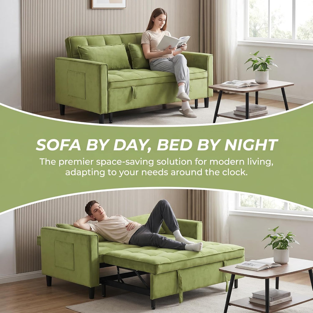 3 in 1 Convertible Sofa Bed, Loveseat Sleeper Sofa with Large Side Pockets, Pull Out Couch with Adjustable Backrest, Easy Assembly, Velvet Couch Bed for Small Spaces, Apartment, Green