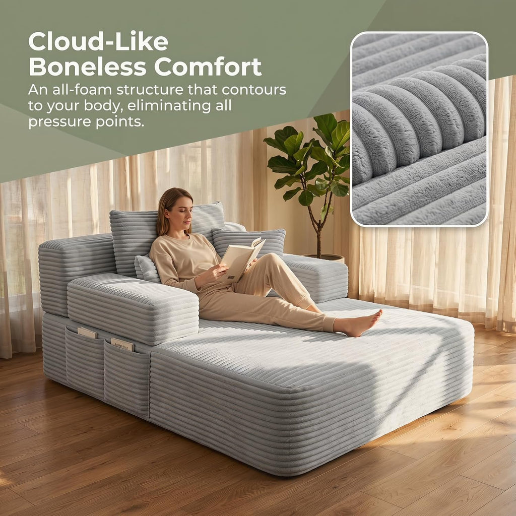 Oversized Boneless Chaise Sofa Bed, Corduroy Chaise Lounge Chair Indoor with Storage Pockets, Upholstered Cloud Sleeper Chair Bed for Small Space, Living Room, Bedroom, Apartment, Light Grey