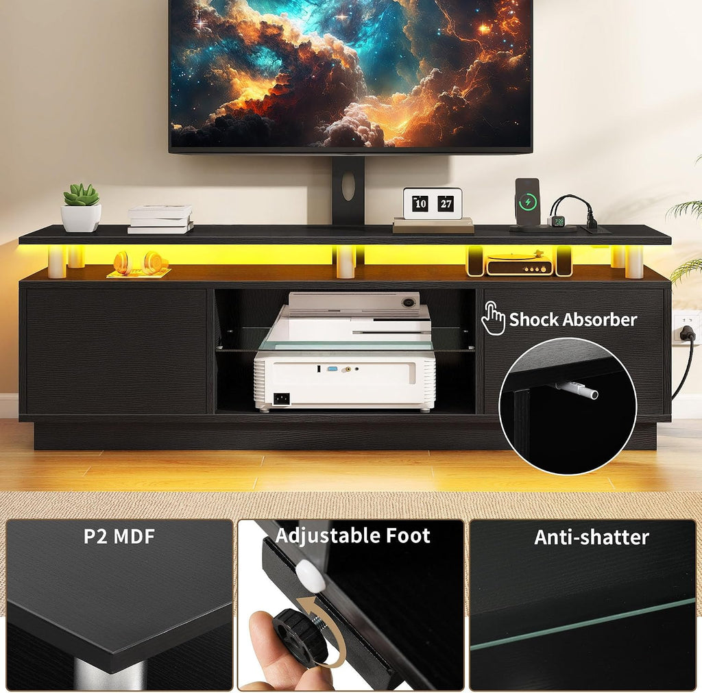 DWVO Black TV Stand for 75/70/65 inch TV with Mount & Power Outlet, Modern LED TV Stands for Living Room, Entertainment Center with Storage, Television Stand, Gaming Media Stand, Black