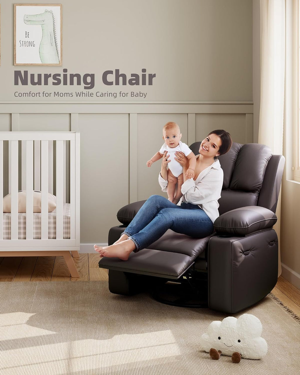 22 in Leather Recliner Chair for Adults, Overstuffed Manual Recliner Chair, Single Sofa with Cup Holder and Side Pockets, Upholstered Chair for Living Rooms, Coffee