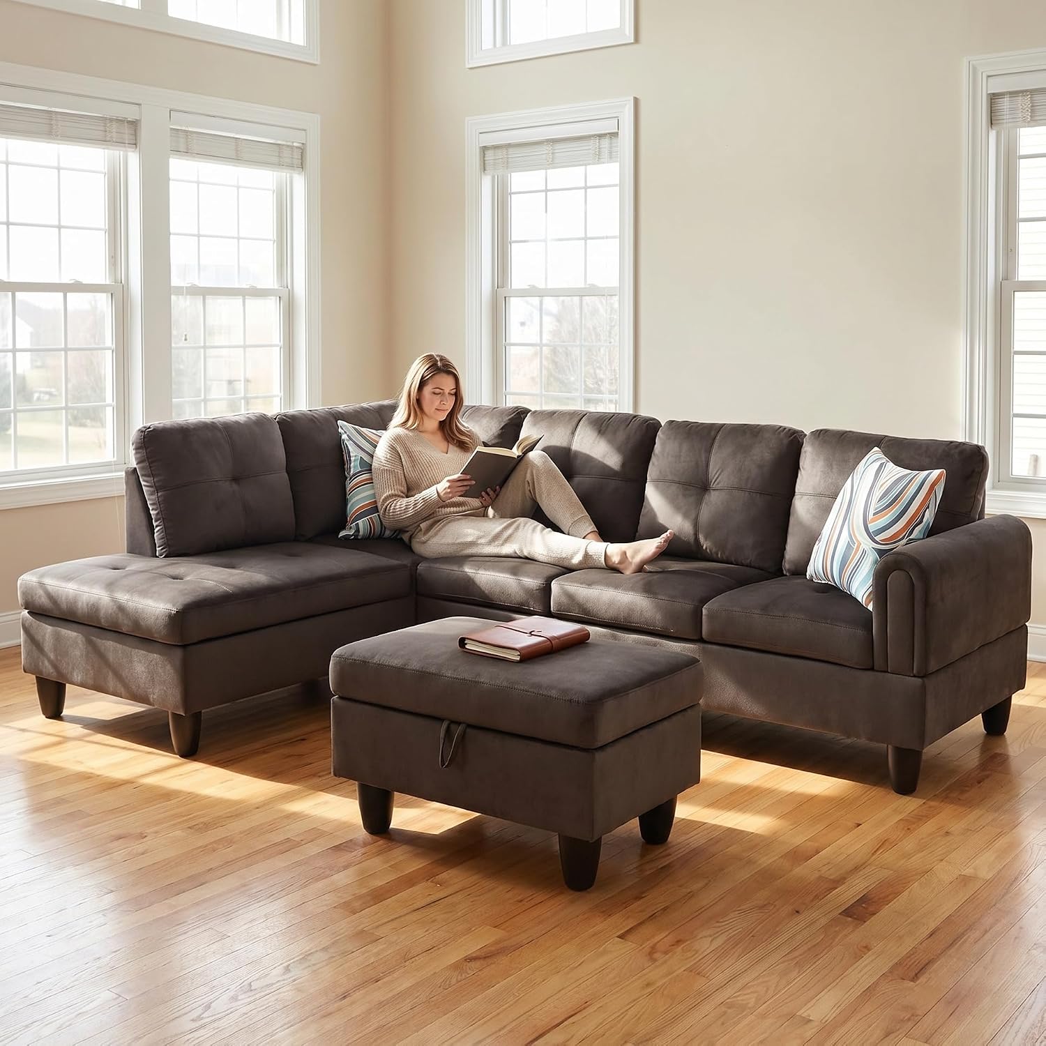3-Piece L-Shaped Modular Leather Sofa – Convertible Sectional Couch with Movable Chaise & Storage Ottoman, Multi-Scene Use for Living Room, Apartment & Office, Dark Brown