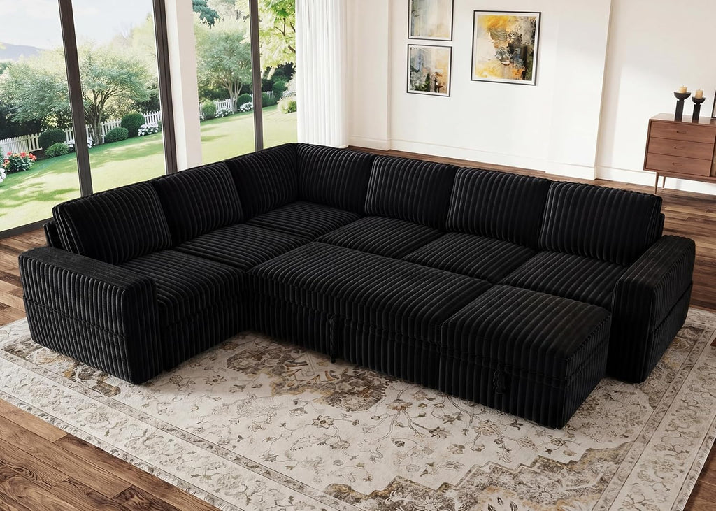 HONBAY Modular Sectional Sleeper Sofa with Pull Out Bed,Corduroy U Shaped Couch with Storage, Sectional Couches for Living Room,Black