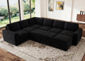 HONBAY Modular Sectional Sleeper Sofa with Pull Out Bed,Corduroy U Shaped Couch with Storage, Sectional Couches for Living Room,Black