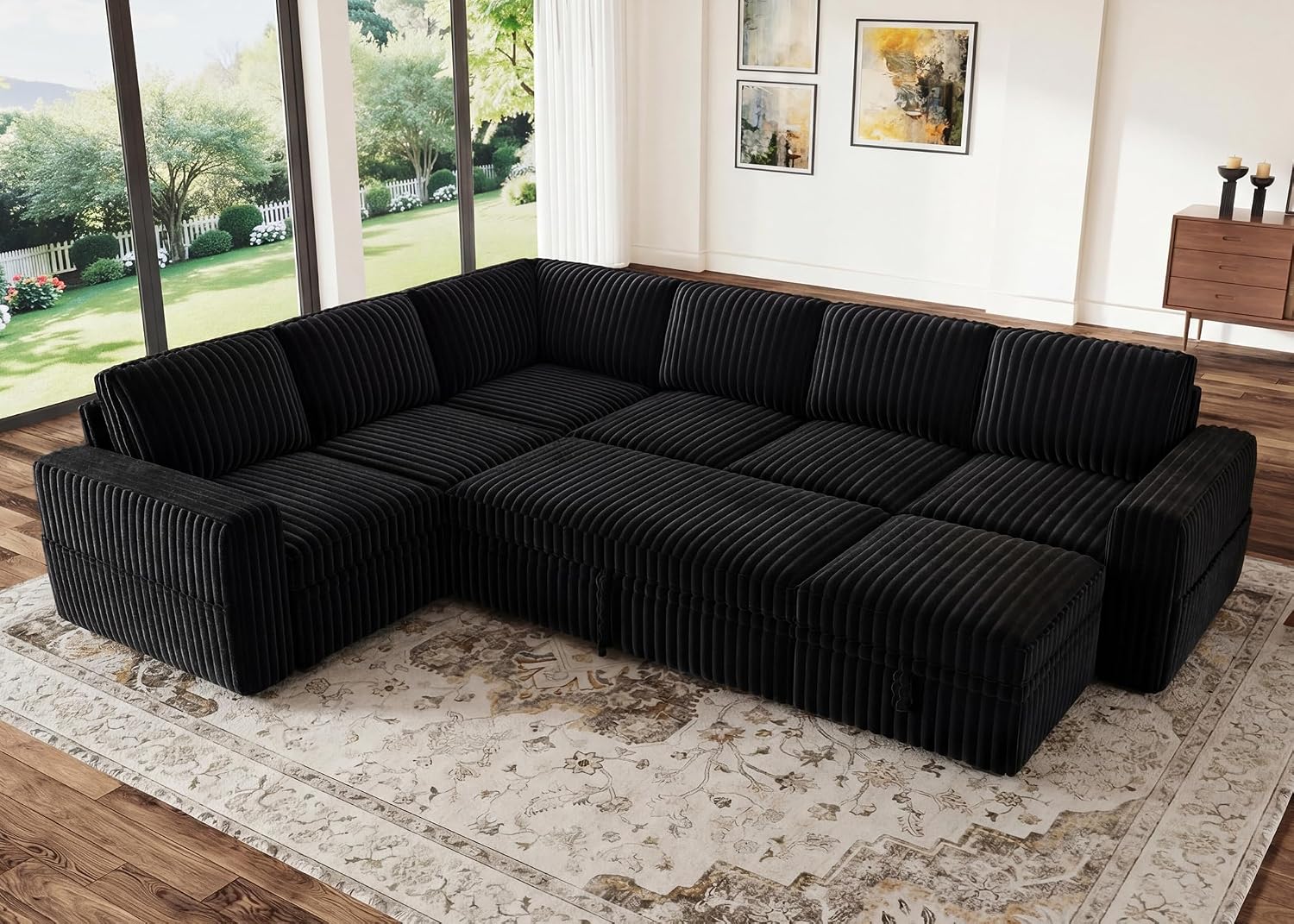 HONBAY Modular Sectional Sleeper Sofa with Pull Out Bed,Corduroy U Shaped Couch with Storage, Sectional Couches for Living Room,Black