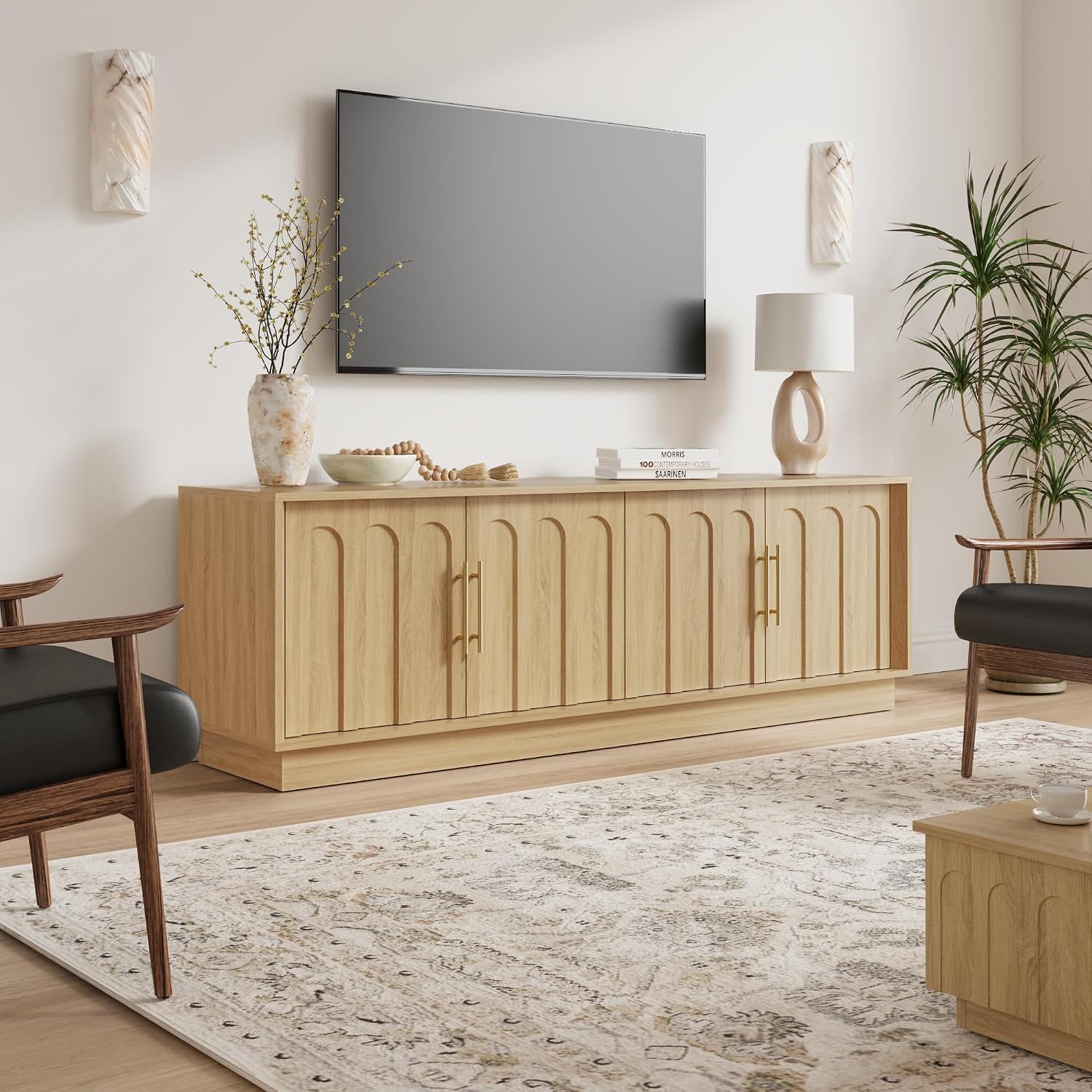 FORTUNETEC TV Stand for 75 Inch TV, Mid Century Modern TV Stand with Arched Design, Wood Grain Finish, Boho Media Console with Adjustable Shelves, 67' Entertainment Center for Living Room Bedroom, Oak